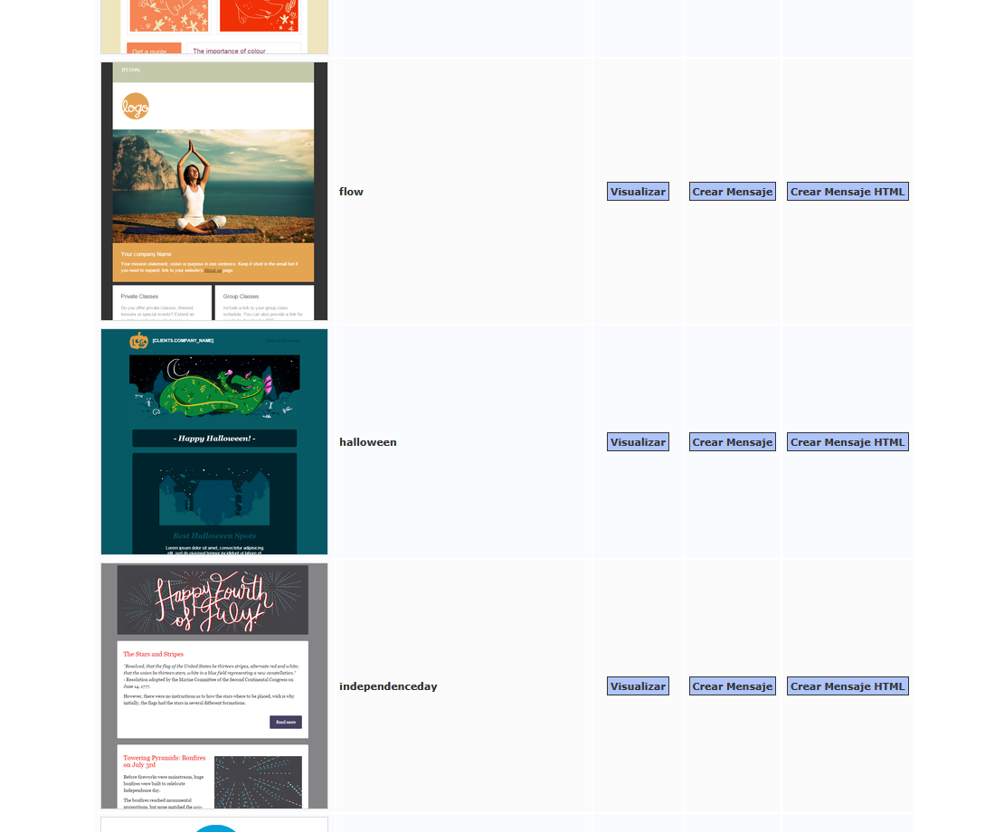 Captura del editor y selector de plantillas de wmEmails