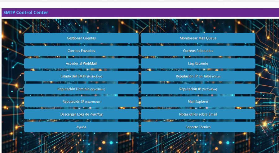 Menu de SMTP Control Center
